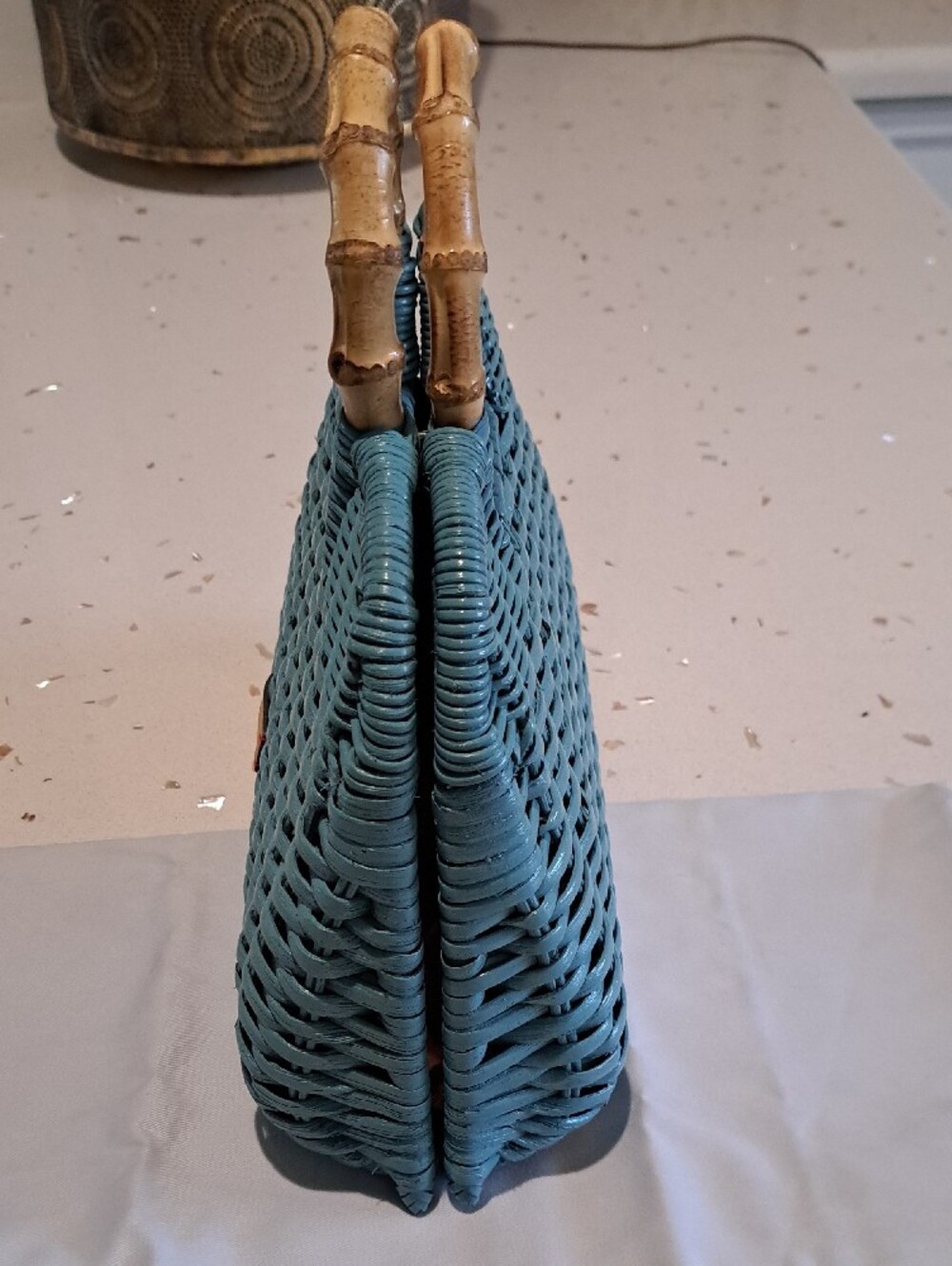 Frances Valentine Teal Buzzy Basket Woven Tote with Bamboo Top Handle - Picture 5 of 16